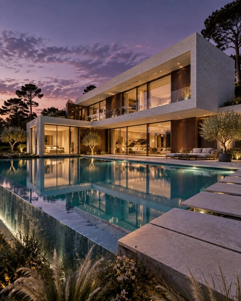 Mansão contemporânea de pedra e vidro com interiores iluminados e piscina refletindo o céu ao entardecer