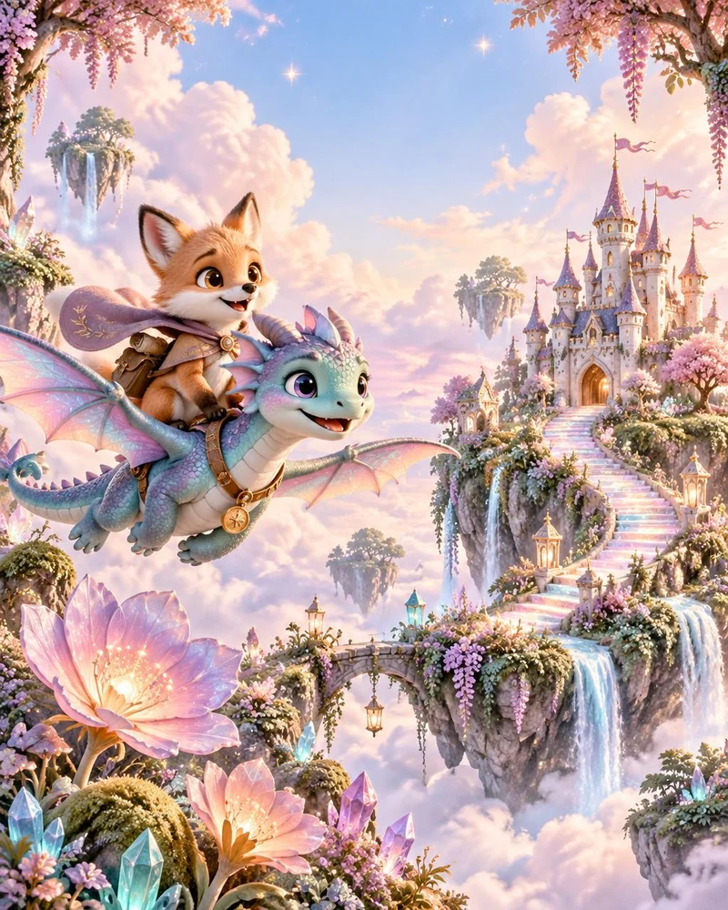 Mundo fantástico 3D original com raposa e pequeno dragão, castelo flutuante, flores e escadaria de cristal